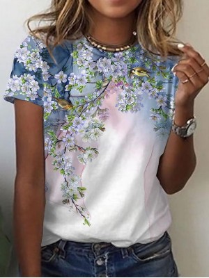 Women's Floral Theme Painting T shirt Floral Bird Print Round Neck Basic Tops Blushing Pink Green White #8632311