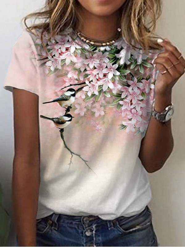 Women's Floral Theme Painting T shirt Floral Bird Print Round Neck Basic Tops Blushing Pink Green White #8632311