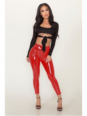 Women's Streetwear Punk & Gothic Leggings Novelty Shiny Metallic Elastic Waist Full Length Pants Club Weekend Micro-elastic Plain Sparkly PU Comfort Mid Waist Slim Black Red S M L XL XXL #8567640