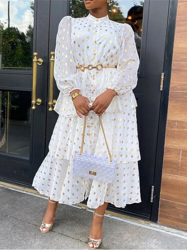 Women's A Line Dress Midi Dress White Long Sleeve Solid Color Layered Ruffle Fall Round Neck Party Formal Modern 2022 S M L XL XXL 3XL #8832881