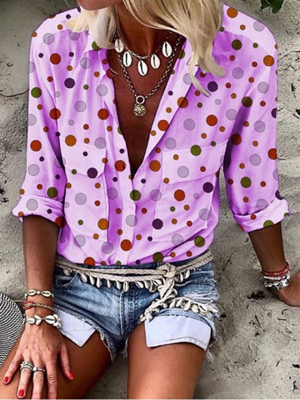 Women's Blouse Shirt Polka Dot Button Print Shirt Collar Casual Streetwear Tops Blue White Purple / 3D Print #8990202