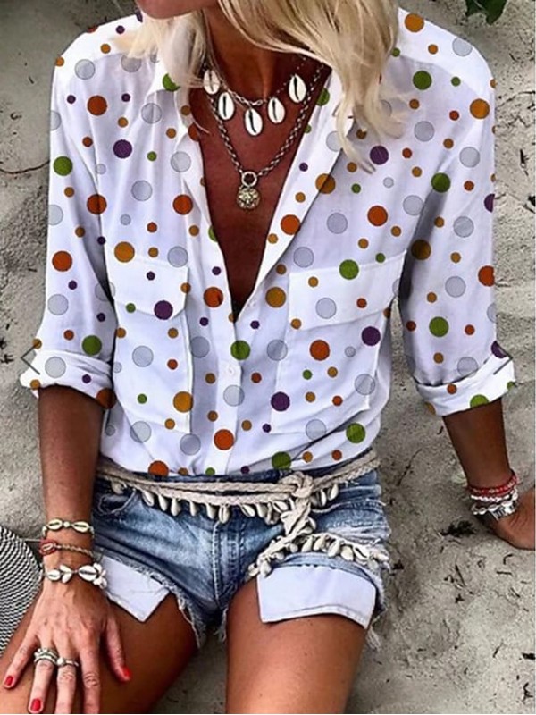 Women's Blouse Shirt Polka Dot Button Print Shirt Collar Casual Streetwear Tops Blue White Purple / 3D Print #8990202