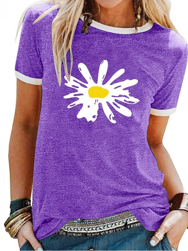 Women's Floral Theme Daisy T shirt Floral Flower Daisy Print Round Neck Basic Tops Blue Purple Black #8032676