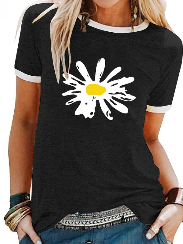 Women's Floral Theme Daisy T shirt Floral Flower Daisy Print Round Neck Basic Tops Blue Purple Black #8032676