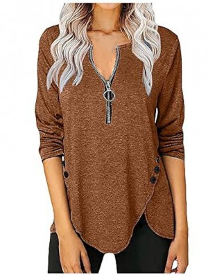 Spring Tops For Women 2022,Casual Solid Zipper Tunic Shirts Fashion Long Sleeve V-Neck Button Decorate Blouse Tees Casual Blouses For Women Plus Size Tunic Tops Womens Tops #9005720