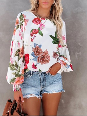 Women's Floral Theme Blouse Shirt Floral Print Round Neck Casual Tops Lantern Sleeve Blue Orange Red / 3D Print #8979512