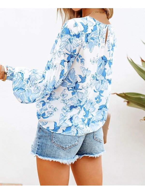 Women's Floral Theme Blouse Shirt Floral Print Round Neck Casual Tops Lantern Sleeve Blue Orange Red / 3D Print #8979512