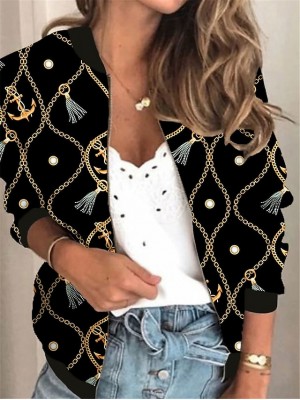 Women's Jacket Daily Holiday Fall Summer Regular Coat V Neck Regular Fit Sporty Casual Jacket Long Sleeve 3D Print Print Print Black #8678122