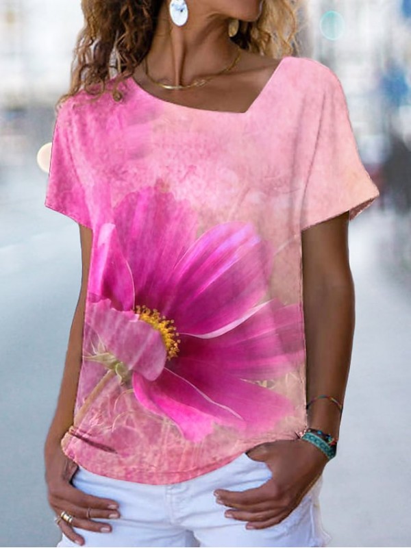 Women's Floral Theme Painting T shirt Floral Print V Neck Basic Tops Blue Purple Pink / 3D Print #9026830