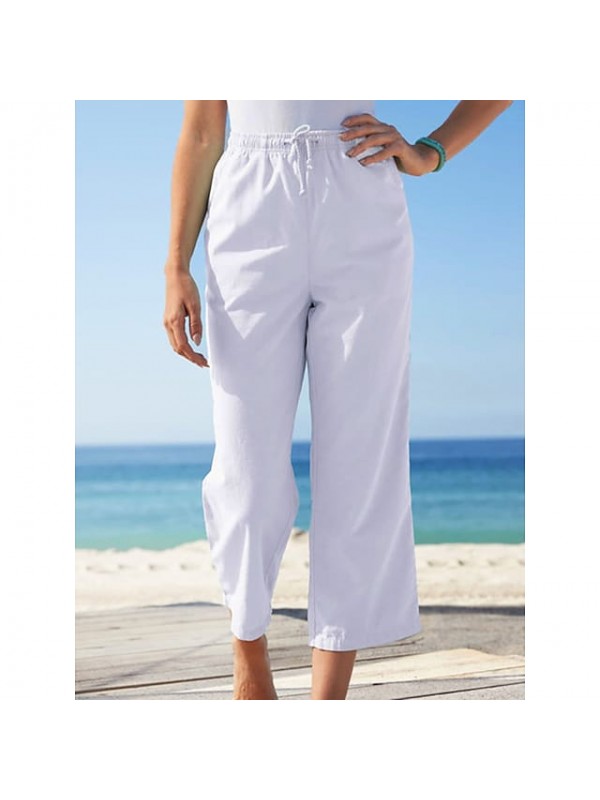 Women's Fashion Chinos Side Pockets Elastic Drawstring Design Ankle-Length Pants Casual Weekend Inelastic Plain Cotton Blend Comfort Mid Waist White Pink Light Blue S M L XL XXL #9027797