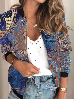 Women's Jacket Daily Holiday Spring &  Fall Regular Coat V Neck Regular Fit Sporty Casual Jacket Long Sleeve 3D Print Print Print Blue #8563378