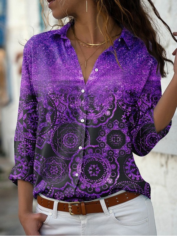 Women's Blouse Shirt Graphic Sparkly Glittery Button Print Shirt Collar Casual Streetwear Tops Blue Purple Pink / 3D Print #8803468