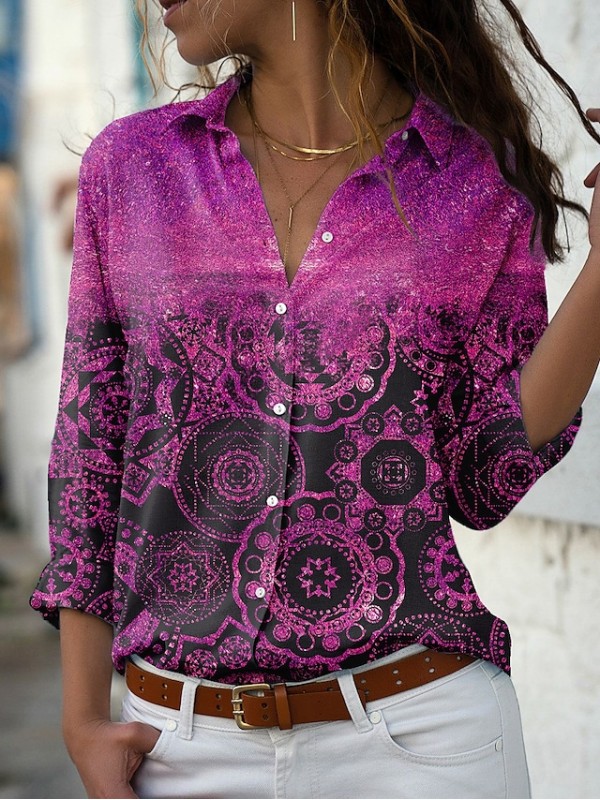 Women's Blouse Shirt Graphic Sparkly Glittery Button Print Shirt Collar Casual Streetwear Tops Blue Purple Pink / 3D Print #8803468