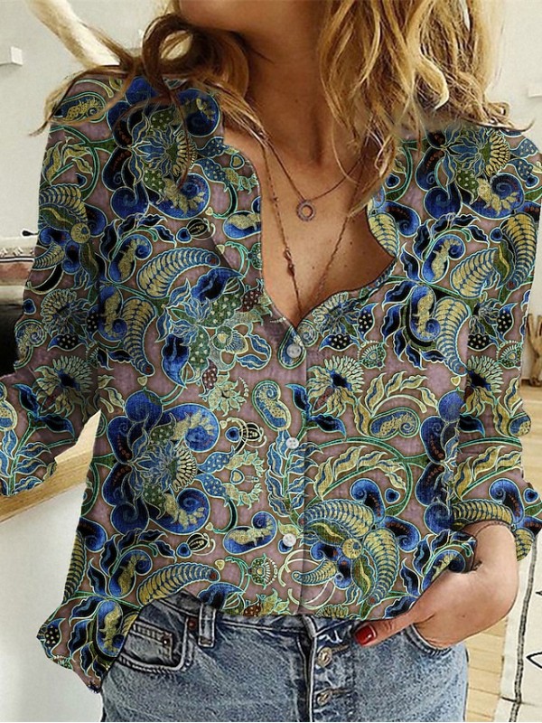 Women's Blouse Shirt Graphic Button Print Shirt Collar Casual Vintage Streetwear Tops Green / 3D Print #8749430