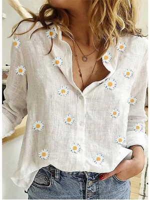 Women's Blouse Shirt Floral Flower Daisy Printing Shirt Collar Basic Tops White #8026364