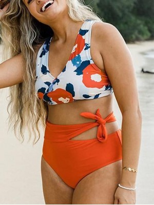 Women's Swimwear Bikini 2 Piece Swimsuit Open Back Print Floral Blue Orange Crop Top Plunge Bathing Suits New Casual Vacation / Padded Bras #8926626