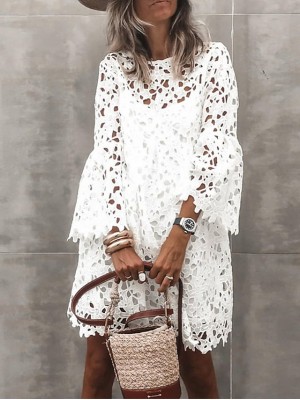 Women's Sheath Dress Short Mini Dress White Red Long Sleeve Solid Color Lace Hollow To Waist Spring Summer Round Neck Elegant Romantic Flare Cuff Sleeve 2022 S M L XL XXL #8476237