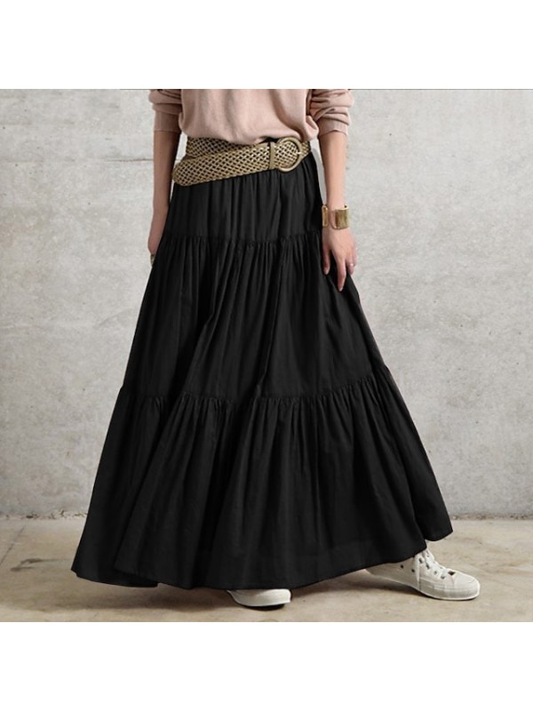 Women's Basic Streetwear Swing Maxi Skirts Casual / Daily Weekend Solid Colored Ruffle Purple Wine Black S M L / Loose #8792531