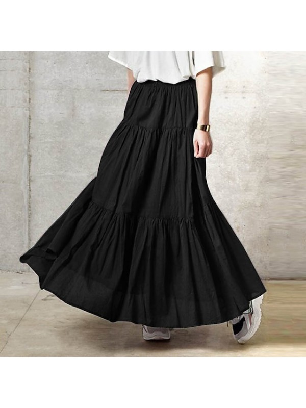 Women's Basic Streetwear Swing Maxi Skirts Casual / Daily Weekend Solid Colored Ruffle Purple Wine Black S M L / Loose #8792531