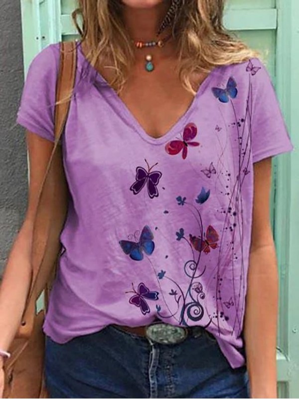 Women's T shirt Butterfly V Neck Tops Basic Basic Top White Blue Purple #8542654