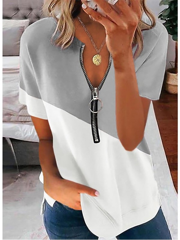 Women's T shirt Plain Color Block Zipper Patchwork V Neck Basic Streetwear Tops Blue Black Gray #8688024