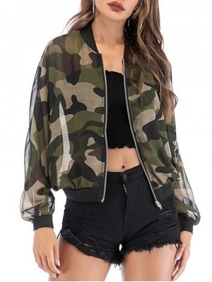 Women's Jacket Bomber Jacket Casual Jacket Daily Fall Spring Regular Coat Stand Collar Loose Sporty Jacket Long Sleeve Camo / Camouflage Army Green #8072733