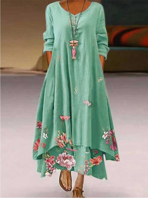 Women's A Line Dress Maxi long Dress Green Blue White Gray Purple Pink Red Yellow Long Sleeve Floral Print Print Spring Summer Round Neck Casual Vintage 2022 S M L XL XXL 3XL 4XL 5XL #8705890