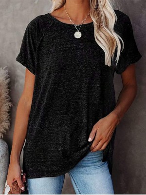 Women's T shirt Plain Round Neck Tops Rock Basic Top Black Blushing Pink Wine #8560836