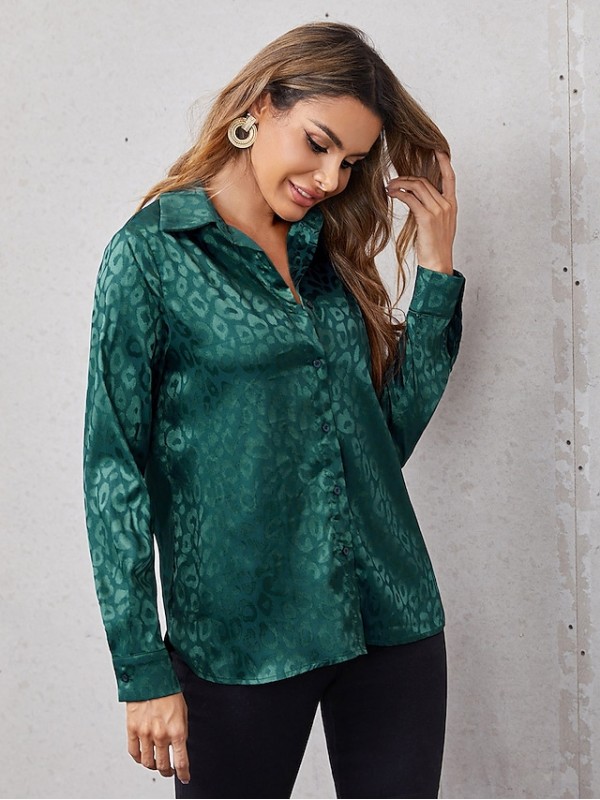 Women's Blouse Shirt Leopard Button Print Shirt Collar Casual Streetwear Tops Blue Khaki Green #8936601