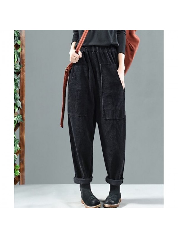 pockets elastic waist corduroy pants #8699950