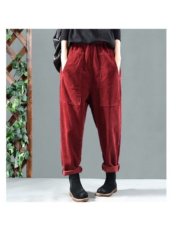 pockets elastic waist corduroy pants #8699950