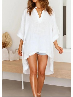 Women's Swimwear Swimsuit Cover Up Beach Top Swimsuit Solid Color White Tunic Shirt Bathing Suits New Casual Fashion #8623980