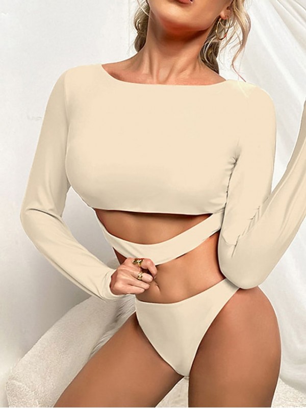 Women's Swimwear Bikini 2 Piece Swimsuit Solid Color Red Yellow Beige Crop Top Scoop Neck Bathing Suits New Vacation Sexy / Modern / Padded Bras #8933545