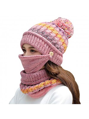 women girls knitted hat scarf mask set winter fleece lined beanie knit ear flaps hat with pompom (pink) #8538024