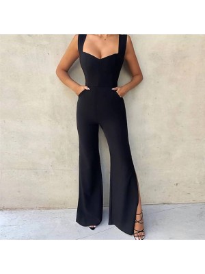 Women's Fashion Jumpsuit Rompers Split Side Pockets Full Length Pants Daily Weekend Micro-elastic Plain Comfort Mid Waist Black S M L XL #8984816