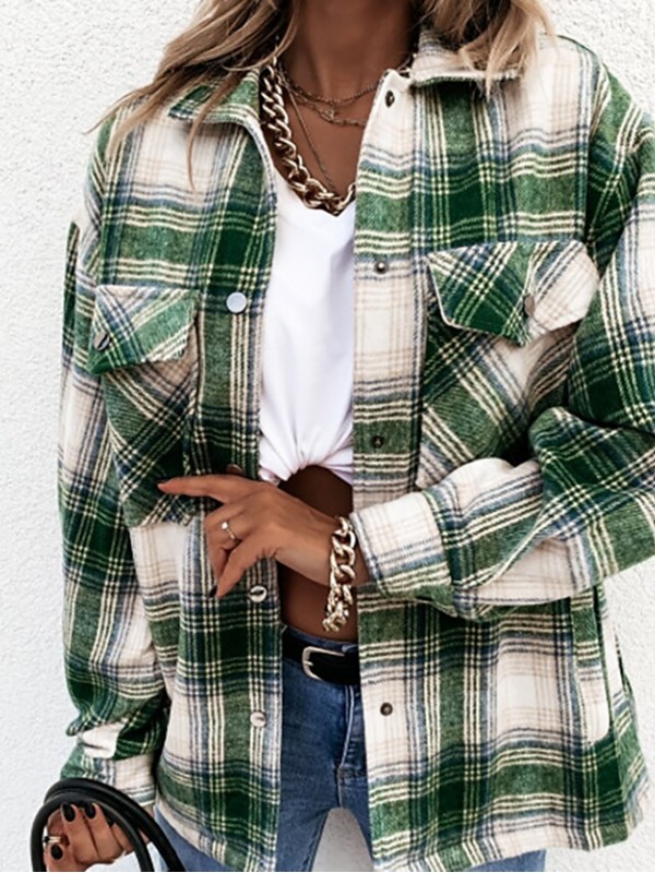 Women's Jacket Daily Fall Spring Regular Coat Regular Fit Breathable Casual Jacket Long Sleeve Plaid / Check Print Green Pink Brown #8756159