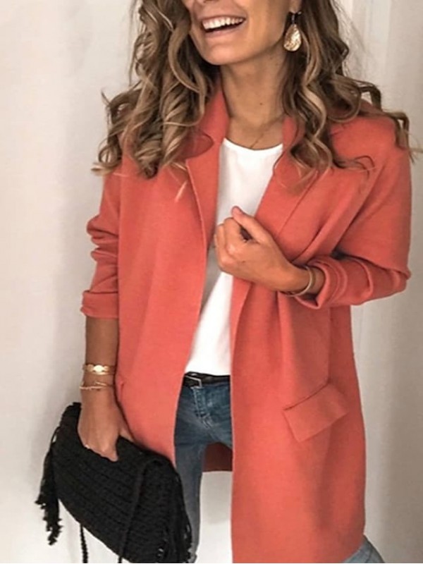 Women's Blazer Solid Colored Cotton Blend Coat Tops Black / Blushing Pink / Khaki #8283088