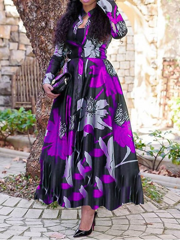 Women's A Line Dress Maxi long Dress Green Blue Fuchsia Red Long Sleeve Floral Print Spring Shirt Collar Casual 2022 M L XL XXL #8663877