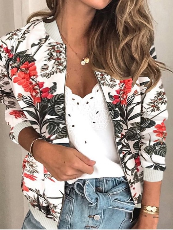 Women's Casual Jacket Florals Streetwear Spring Jacket Regular Casual / Daily Long Sleeve 416 Light Pink #8545884