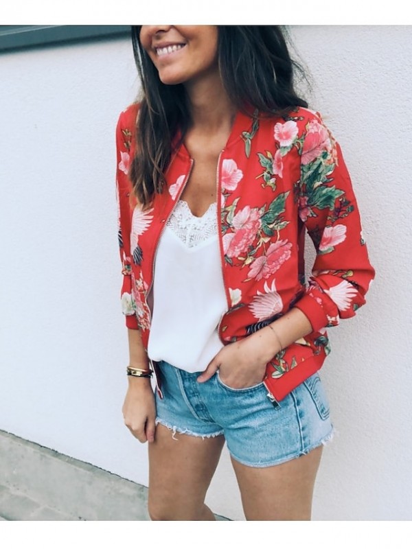 Women's Casual Jacket Florals Streetwear Spring Jacket Regular Casual / Daily Long Sleeve 416 Light Pink #8545884