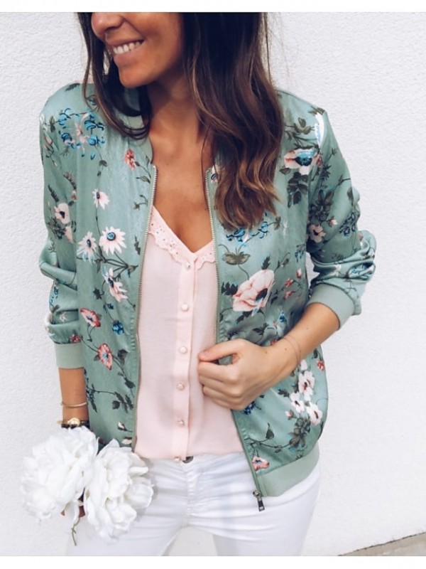 Women's Casual Jacket Florals Streetwear Spring Jacket Regular Casual / Daily Long Sleeve 416 Light Pink #8545884