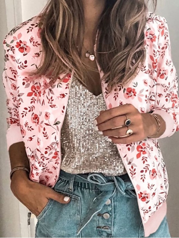 Women's Casual Jacket Florals Streetwear Spring Jacket Regular Casual / Daily Long Sleeve 416 Light Pink #8545884