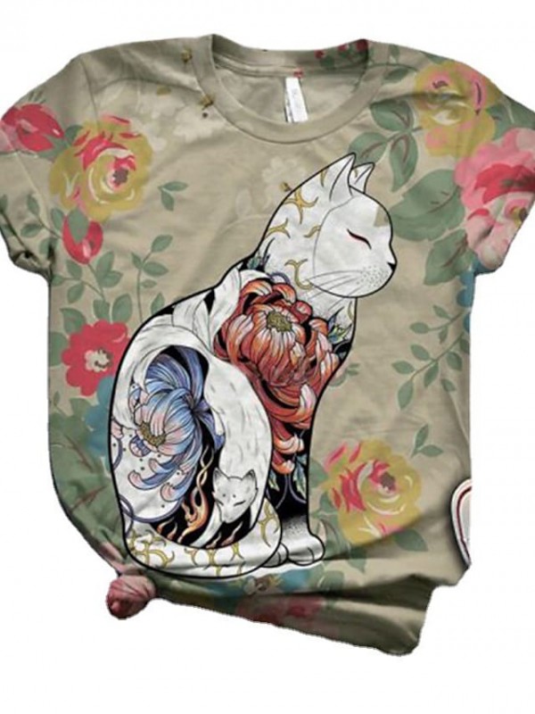 Women's Floral Theme Cat Painting T shirt Floral Cat Print Round Neck Basic Tops Green White Black / 3D Print #9035512