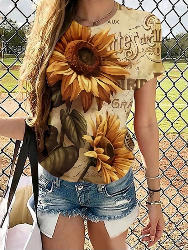 Women's Floral Theme 3D Printed Painting T shirt Floral 3D Sunflower Print Round Neck Basic Tops Yellow Orange Green #8644416