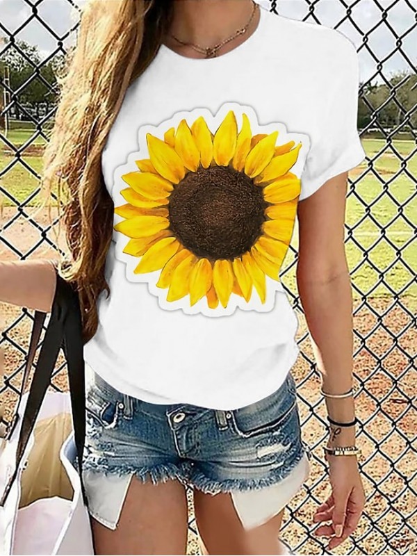 Women's Floral Theme 3D Printed Painting T shirt Floral 3D Sunflower Print Round Neck Basic Tops Yellow Orange Green #8644416