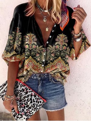 Women's Blouse Shirt Graphic Geometric Print Shirt Collar Ethnic Vintage Boho Tops Black #8994834