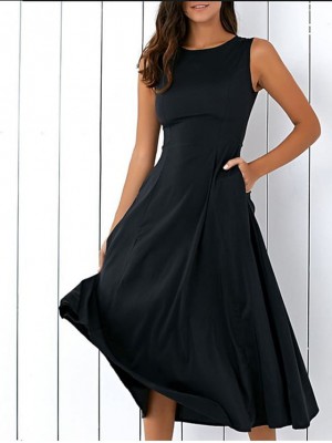 Women's A Line Dress Midi Dress Black Sleeveless Solid Color Pocket Spring Summer Crew Neck Elegant Casual 2022 S M L XL XXL XXXL 4XL 5XL #8702587