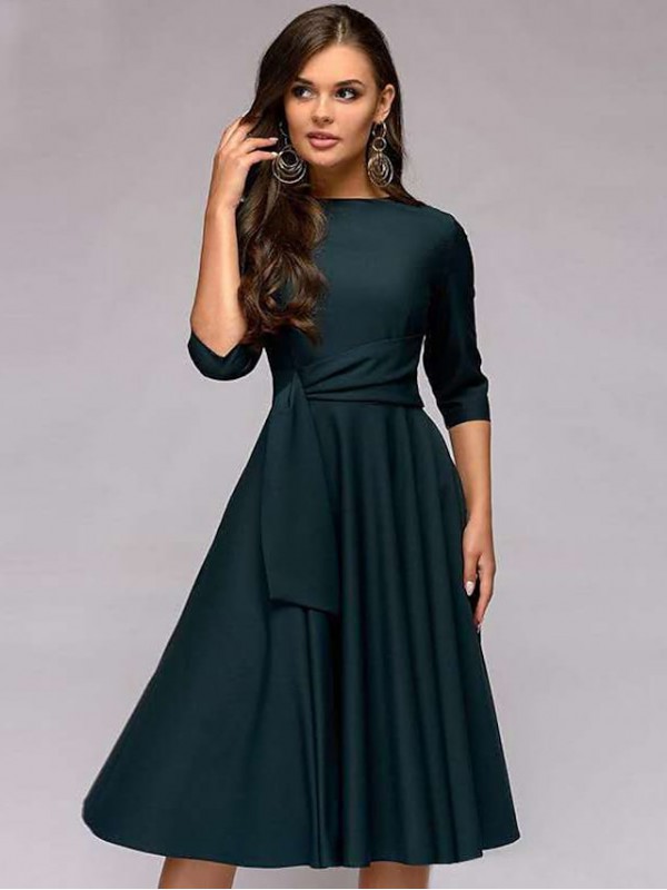 Women's A Line Dress Knee Length Dress Dark Green Navy Blue Beige 3/4 Length Sleeve Pure Color Lace up Fall Spring Round Neck Stylish Elegant Casual Party Slim 2022 S M L XL XXL #8406890