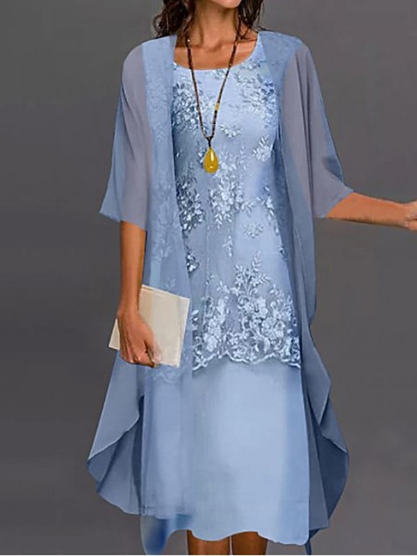 Women's Chiffon Dress Midi Dress Light Blue Green Gray Half Sleeve Floral Embroidered Layered Patchwork Fall Winter Round Neck Elegant Chinoiserie Loose 2022 M L XL XXL XXXL 4XL 5XL #8802450