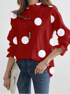 Women's Blouse Shirt Polka Dot Print Round Neck Casual Streetwear Tops White Black Red #8990212